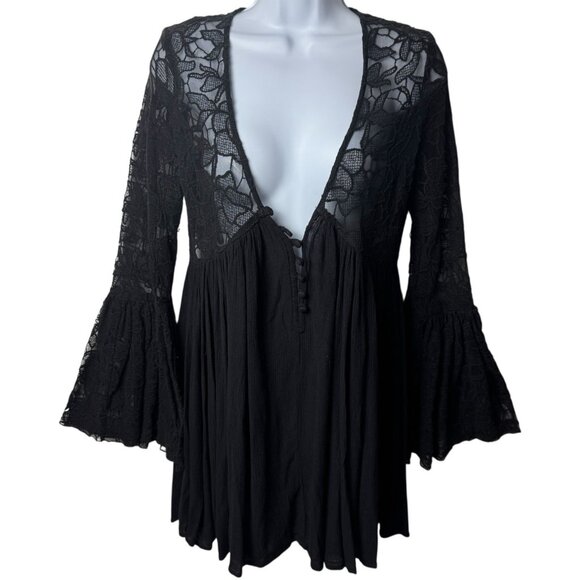 Free People Black Floral Embroidered Bell Sleeve Tunic Whimsigoth Ethereal XS - Picture 2 of 11